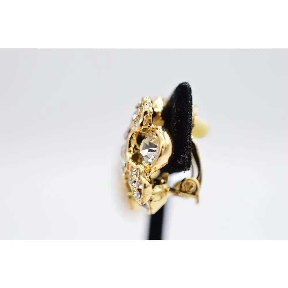 Vintage Crystal Flower Clip On Earrings Rhinestone Gold Tone Shiny 1980s BinAF